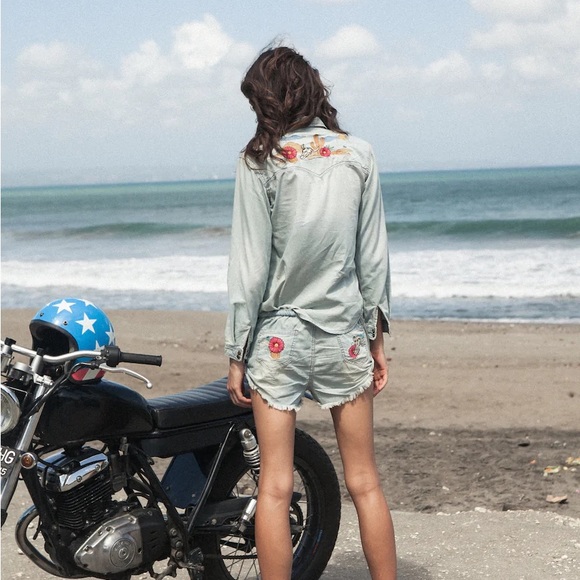 Spell Designs Route 66 Denim Chambray Shirt Jacket Size Large - Picture 7 of 9